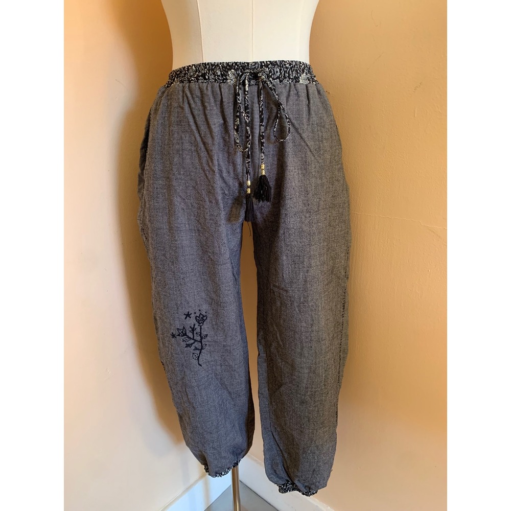 Upcycled Herringbone Embroidered Jogger Pants Gray Black Floral Waist Tassel S